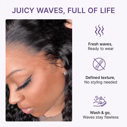 Luvme Hair PreMax water wave lace frontal wig with glueless flexi-fit drawstring, fluffy curly texture, and pre-cut lace.
