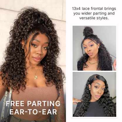 Luvme Hair PreMax water wave lace frontal wig with curly, fluffy texture, glueless flexi-fit drawstring, pre-cut lace, 13x4 inch size